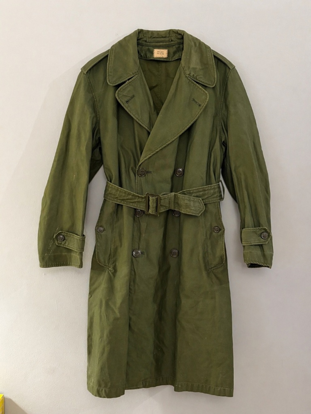Vintage US Army Trench Coat OD Green Belted Military Small Short 50s 60s